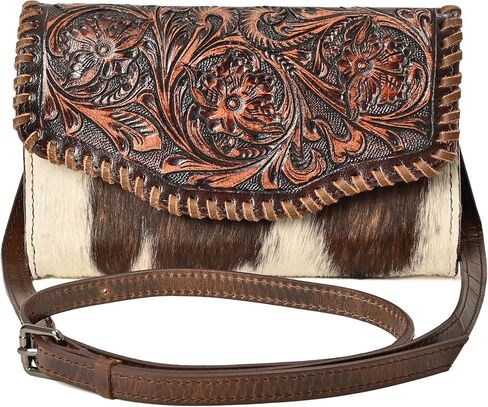Merbaa Leather Crossbody Bag Hand-Tooled Floral Cowhide Hair-On Western Crossbody Bag for Women Leather Cowgirl Sling Purse in Saudi Arabia