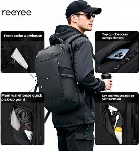 reeyee A1 plus Aurora 30L Travel Backpack, Water-Repellent CORDURA Fabric Laptop Bag with 180° Opening, Wet Dry Separation, X-Shaped Breathable System, Business Commuter Rucksack for Men & Women in Kuwait