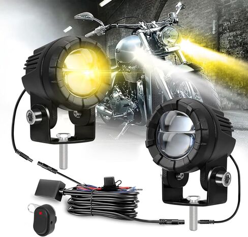 Motorcycle Spotlight Auxiliary Driving Light,30W 3000LM Fog Light Work Light with Wiring Harness,White Yellow High / Low Beam / Strobe for ATV UTV Tractor Scooter, DC 9-32V (Spotlight+Wiring Harness) in Saudi Arabia