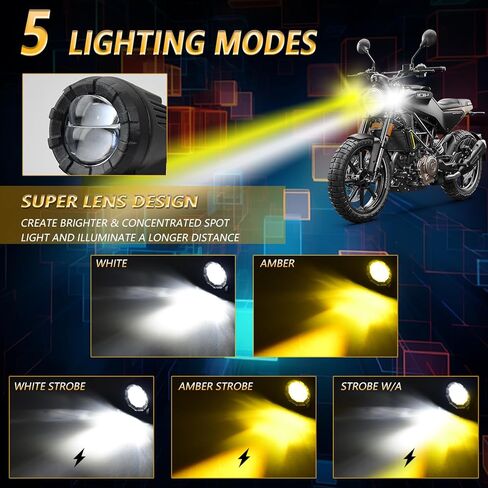 Motorcycle Spotlight Auxiliary Driving Light,30W 3000LM Fog Light Work Light with Wiring Harness,White Yellow High / Low Beam / Strobe for ATV UTV Tractor Scooter, DC 9-32V (Spotlight+Wiring Harness) in Saudi Arabia