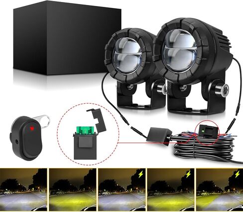 Motorcycle Spotlight Auxiliary Driving Light,30W 3000LM Fog Light Work Light with Wiring Harness,White Yellow High / Low Beam / Strobe for ATV UTV Tractor Scooter, DC 9-32V (Spotlight+Wiring Harness) in Saudi Arabia