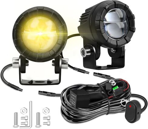 Motorcycle Spotlight Auxiliary Driving Light,30W 3000LM Fog Light Work Light with Wiring Harness,White Yellow High / Low Beam / Strobe for ATV UTV Tractor Scooter, DC 9-32V (Spotlight+Wiring Harness) in Saudi Arabia