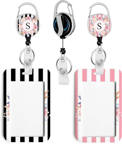 2 Pack A-Z Letter ID Badge Holder with Clip Badge Reels Retractable Heavy Duty,Keychain，ID Holder for School Nurse Office Black&Pink Stripe S in Saudi Arabia