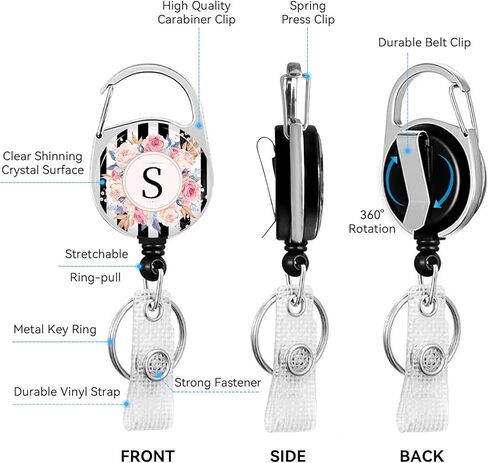 2 Pack A-Z Letter ID Badge Holder with Clip Badge Reels Retractable Heavy Duty,Keychain，ID Holder for School Nurse Office Black&Pink Stripe S in Saudi Arabia