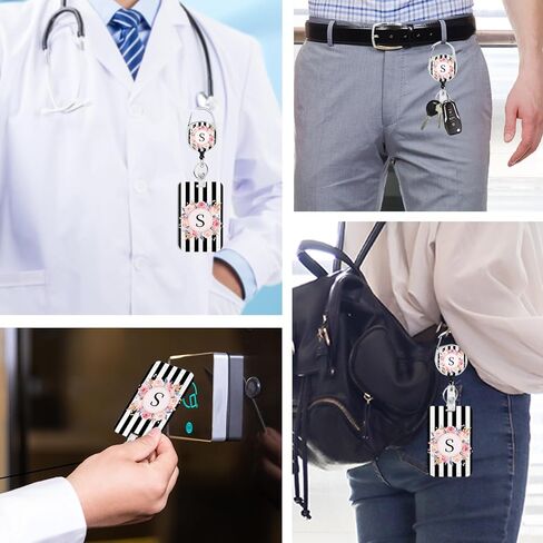 2 Pack A-Z Letter ID Badge Holder with Clip Badge Reels Retractable Heavy Duty,Keychain，ID Holder for School Nurse Office Black&Pink Stripe S in Saudi Arabia
