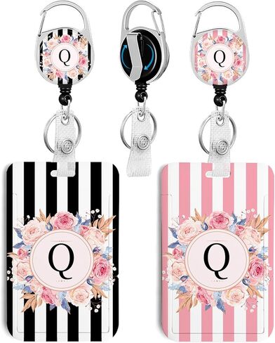 2 Pack A-Z Letter ID Badge Holder with Clip Badge Reels Retractable Heavy Duty,Keychain，ID Holder for School Nurse Office Black&Pink Stripe S in Saudi Arabia