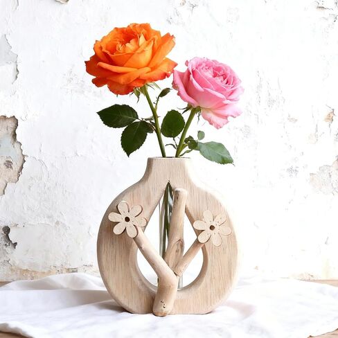 Artistic Wood Glass Vase,Wooden Base Cylindrical Flower Vase,Classic Boho Rustic Style for Fireplace Bedroom Kitchen Living Room Centerpieces Office Desk (Tall Vase) in Kuwait