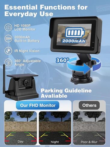 Magnetic Solar Wireless Backup Camera with 28hrs Rechargeable Battery, Night Vision & IP69, 5'' HD 1080P Video Monitor, Reserving Guidelines, Stable Signal for Trucks, Pickup, Trailer & RV in Saudi Arabia
