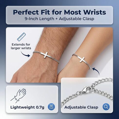 Silver Cross Chain Bracelet For Men and Women, 316L Stainless Steel Link Chain Jesus Bracelets for Christians Christian Gifts for Women Waterproof Faith Bracelet in Kuwait