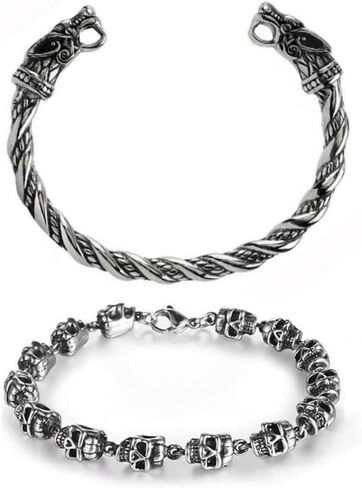 TURTLEDOVE Viking Wolf Fenrir Bangle - 2 PCS Stainless Steel Norse Scandinavian Torc - Skulls Link Bracelet in Saudi Arabia