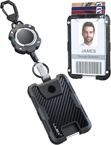 LIUGX Retractable Badge Holders,Carbon Fiber Badge Holder,Heavy Duty Carabiner Keychain, Durable ID Card Holder (Holds 6 Cards), with 31.5" Badge Reel Key Chain, 10,000+ Rebound,Silver-Black in Kuwait