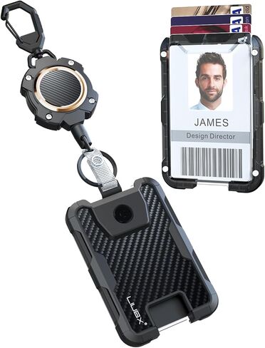LIUGX Retractable Badge Holders,Carbon Fiber Badge Holder,Heavy Duty Carabiner Keychain, Durable ID Card Holder (Holds 6 Cards), with 31.5" Badge Reel Key Chain, 10,000+ Rebound,Silver-Black in Saudi Arabia