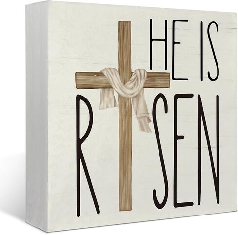 Mtrgdn He is Risen Christian Easter Decor Sign,Religious Easter Decorations Wood Box,Spring Easter Cross Decor Sign for Home Office Desk Shelf Table Wall,5x5 Inch in Saudi Arabia