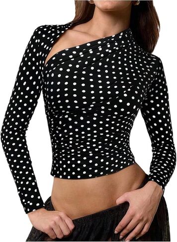 SweatyRocks Women's Polka Dots Asymmetrical Neck Long Sleeve Tees Ruched Slim Fit Going Out Tee Tops in Kuwait