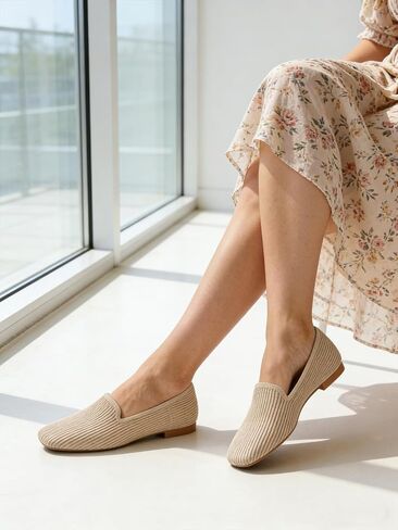 حذاء مسطح للنساء مع شبكة محبوكة بمقدمة مربعة وأحذية باليه مسطحة ناعمة سهلة الارتداء، أحذية مريحة للمكتب in Kuwait