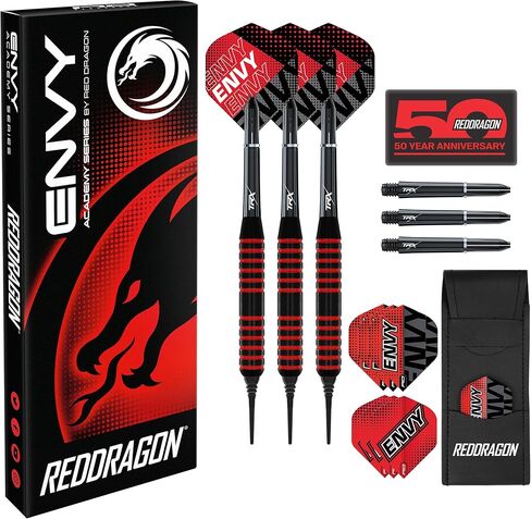 RED DRAGON Envy Professional Soft Tip Brass Black and Red Darts Set with Flights, Shafts (Stems) and Wallet - 18g (20.00, Grams) in Kuwait