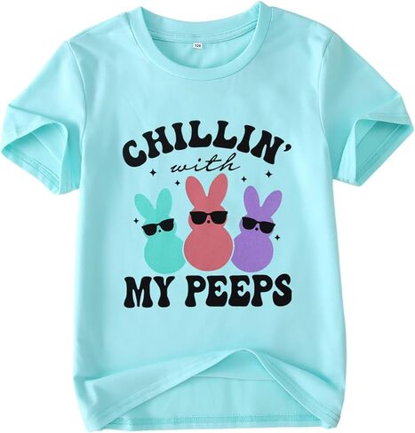 Boys Girls Easter Shirts Chillin' with My Peeps Bunny T-Shirt Short Sleeve Funny Rabbit Graphic Tee Tops 7-12 Years in Saudi Arabia