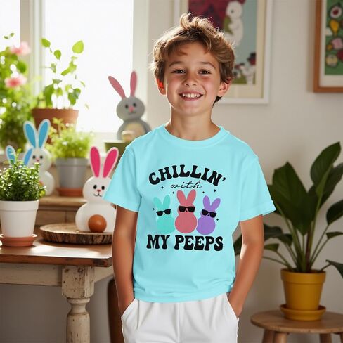 Boys Girls Easter Shirts Chillin' with My Peeps Bunny T-Shirt Short Sleeve Funny Rabbit Graphic Tee Tops 7-12 Years in Saudi Arabia