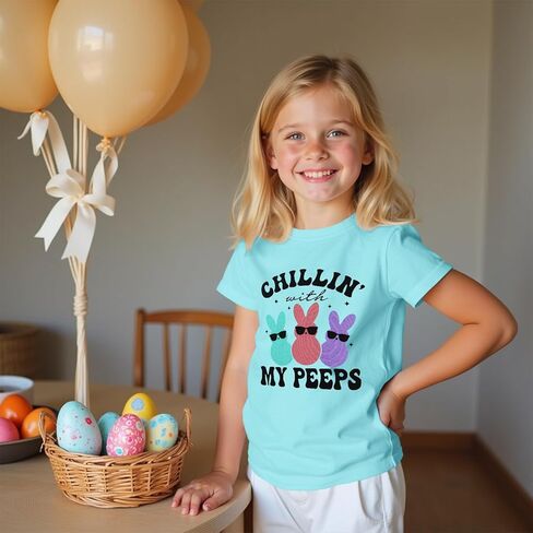 Boys Girls Easter Shirts Chillin' with My Peeps Bunny T-Shirt Short Sleeve Funny Rabbit Graphic Tee Tops 7-12 Years in Saudi Arabia