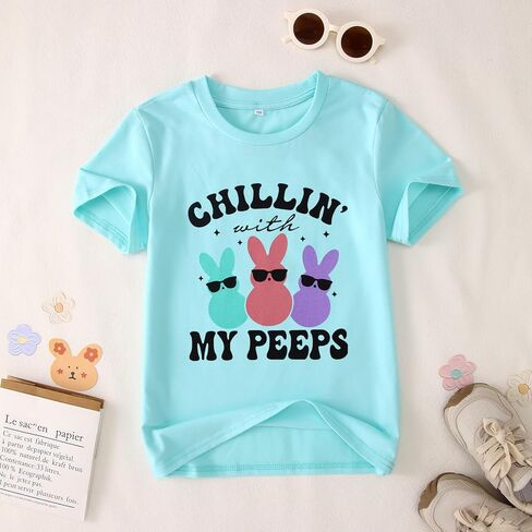 Boys Girls Easter Shirts Chillin' with My Peeps Bunny T-Shirt Short Sleeve Funny Rabbit Graphic Tee Tops 7-12 Years in Saudi Arabia
