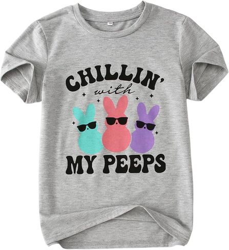 Boys Girls Easter Shirts Chillin' with My Peeps Bunny T-Shirt Short Sleeve Funny Rabbit Graphic Tee Tops 7-12 Years in Saudi Arabia