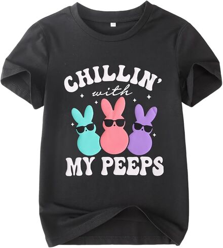 Boys Girls Easter Shirts Chillin' with My Peeps Bunny T-Shirt Short Sleeve Funny Rabbit Graphic Tee Tops 7-12 Years in Saudi Arabia
