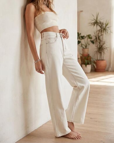 RRIVE Women's Straight Wide Leg Jeans Low Rise Cream White Baggy Retro 90s Soft Lyocell Blend Stretch Denim Pants YKK Zipper in Saudi Arabia