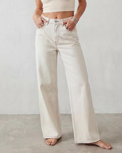 RRIVE Women's Straight Wide Leg Jeans Low Rise Cream White Baggy Retro 90s Soft Lyocell Blend Stretch Denim Pants YKK Zipper in Saudi Arabia