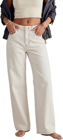 RRIVE Women's Straight Wide Leg Jeans Low Rise Cream White Baggy Retro 90s Soft Lyocell Blend Stretch Denim Pants YKK Zipper in Saudi Arabia
