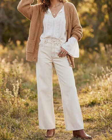 RRIVE Women's Straight Wide Leg Jeans Low Rise Cream White Baggy Retro 90s Soft Lyocell Blend Stretch Denim Pants YKK Zipper in Saudi Arabia