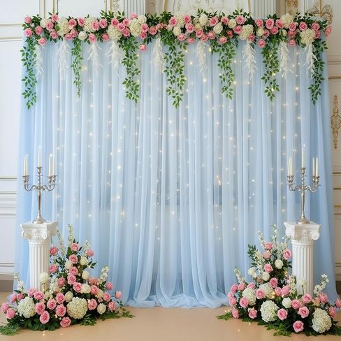 Pink Tulle Backdrop Curtain with String Lights, 2 Panels 5×8FT Sheer Wrinkle-Free Pink Backdrop Drapes for Wedding, Bridal Shower, Birthday, Baby Shower, Princess Party & Photo Booth Decorations in Kuwait
