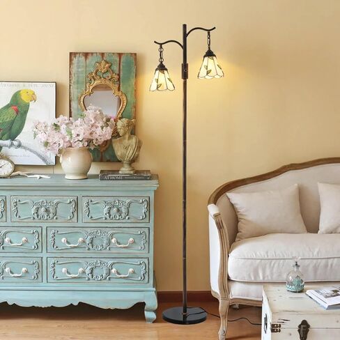 Vintage Dimmable Floor Lamp,2 Tiffany Lampshades Standing Lamp, Rustic Farmhouse Floor Lamps with Red Copper Finish,for Living Room Bedroom in Saudi Arabia