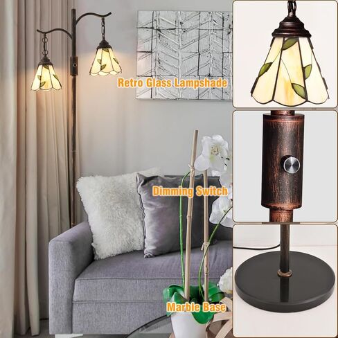 Vintage Dimmable Floor Lamp,2 Tiffany Lampshades Standing Lamp, Rustic Farmhouse Floor Lamps with Red Copper Finish,for Living Room Bedroom in Saudi Arabia