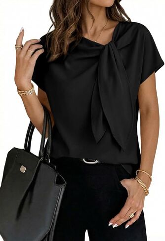 Dokotoo Women's Business Casual Short Sleeve Chiffon Slit Shirts 2026 Summer Elegant Knot Neckline Tops in Saudi Arabia