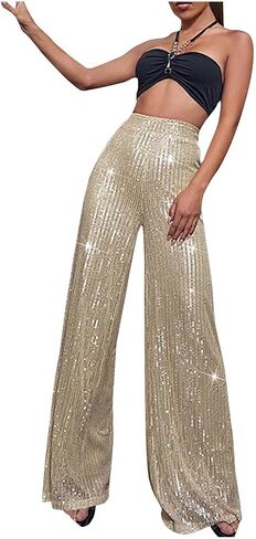 Sequin Pants Women Flared Sparkly Pants for Women High Waisted Wide Leg Trousers Party Clubwear Shiny Bell Bottom Pant in Saudi Arabia