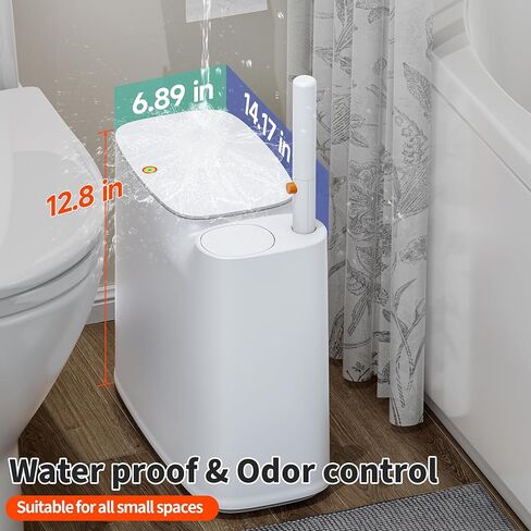 مجموعة علب قمامة الحمام من CTIME - سلة مهملات صغيرة من البلاستيك الأبيض الضيق، عصا مرحاض، حامل فرشاة المرحاض و36 عبوة، سلة مهملات سعة 2 جالون مع غطاء منبثق، مناسبة للحمامات والمراحيض الصغيرة. in Kuwait