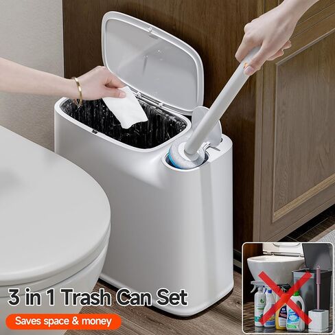 مجموعة علب قمامة الحمام من CTIME - سلة مهملات صغيرة من البلاستيك الأبيض الضيق، عصا مرحاض، حامل فرشاة المرحاض و36 عبوة، سلة مهملات سعة 2 جالون مع غطاء منبثق، مناسبة للحمامات والمراحيض الصغيرة. in Kuwait