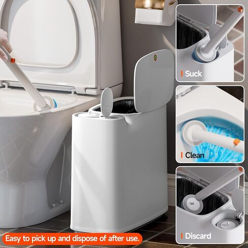 مجموعة علب قمامة الحمام من CTIME - سلة مهملات صغيرة من البلاستيك الأبيض الضيق، عصا مرحاض، حامل فرشاة المرحاض و36 عبوة، سلة مهملات سعة 2 جالون مع غطاء منبثق، مناسبة للحمامات والمراحيض الصغيرة. in Kuwait