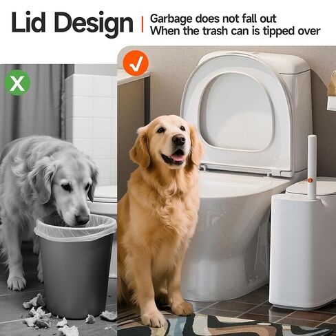 مجموعة علب قمامة الحمام من CTIME - سلة مهملات صغيرة من البلاستيك الأبيض الضيق، عصا مرحاض، حامل فرشاة المرحاض و36 عبوة، سلة مهملات سعة 2 جالون مع غطاء منبثق، مناسبة للحمامات والمراحيض الصغيرة. in Kuwait