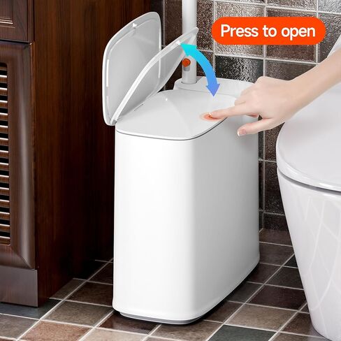 مجموعة علب قمامة الحمام من CTIME - سلة مهملات صغيرة من البلاستيك الأبيض الضيق، عصا مرحاض، حامل فرشاة المرحاض و36 عبوة، سلة مهملات سعة 2 جالون مع غطاء منبثق، مناسبة للحمامات والمراحيض الصغيرة. in Kuwait