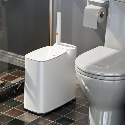 مجموعة علب قمامة الحمام من CTIME - سلة مهملات صغيرة من البلاستيك الأبيض الضيق، عصا مرحاض، حامل فرشاة المرحاض و36 عبوة، سلة مهملات سعة 2 جالون مع غطاء منبثق، مناسبة للحمامات والمراحيض الصغيرة. in Kuwait