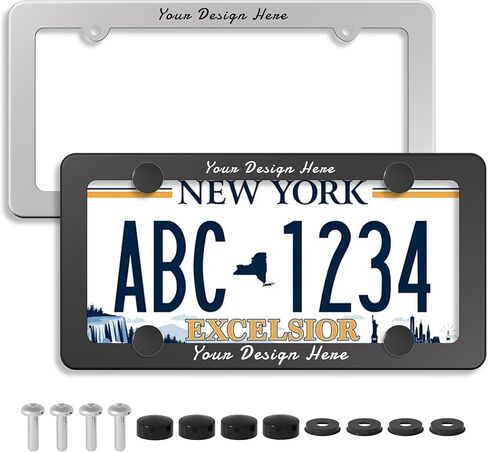 إطار لوحة ترخيص مخصص من الفولاذ المقاوم للصدأ ملحق للسيارة، حامل لوحة ترخيص سيارة شخصي للأمام أو الخلف، ملحقات خارجية للسيارات للنساء والرجال (فضي، فتحتان) in Kuwait