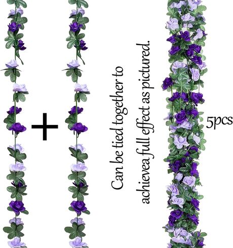 5Pcs 82 FT Artificial Purple Rose Flower Garland, Faux Silk Rose FGarland, Purple Party Decorations, Lavender Flower Hanging Flower Vines for Backdrop Decoration Tea Party Wedding Birthday in Saudi Arabia