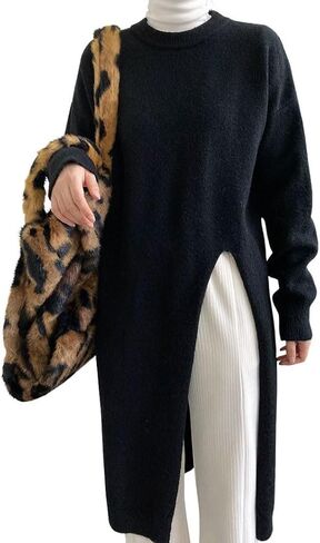 chouyatou Women's Sexy High Slit Long Sweaters Casual Crewneck Slouchy Tunic Sweater Pullover Knit Jumper Tops in Saudi Arabia