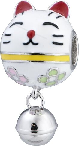 Qina C. Sterling Silver Fortune Lucky Flower Kitty White Cat White Red Enamel Jingle Bell Dangle Charm in Saudi Arabia