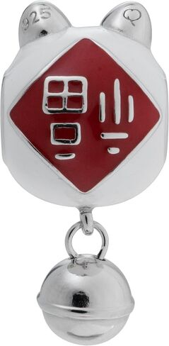 Qina C. Sterling Silver Fortune Lucky Flower Kitty White Cat White Red Enamel Jingle Bell Dangle Charm in Saudi Arabia