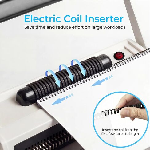 آلة تجليد حلزونية مزودة بمدخل ملف كهربائي، 20 ورقة خرامة يدوية، درجة 4:1، 46 دبوسًا قابلاً للفصل بالكامل للربط متعدد الاستخدامات - تربط ما يصل إلى 500 ورقة - تتضمن 100 ملف وكماشة تجعيد in Kuwait