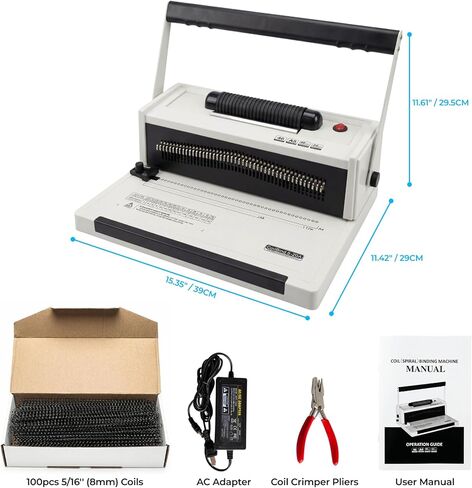 آلة تجليد حلزونية مزودة بمدخل ملف كهربائي، 20 ورقة خرامة يدوية، درجة 4:1، 46 دبوسًا قابلاً للفصل بالكامل للربط متعدد الاستخدامات - تربط ما يصل إلى 500 ورقة - تتضمن 100 ملف وكماشة تجعيد in Kuwait