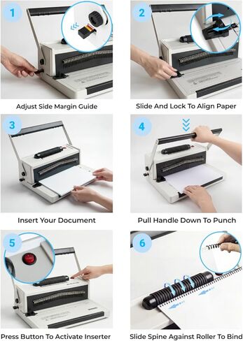 آلة تجليد حلزونية مزودة بمدخل ملف كهربائي، 20 ورقة خرامة يدوية، درجة 4:1، 46 دبوسًا قابلاً للفصل بالكامل للربط متعدد الاستخدامات - تربط ما يصل إلى 500 ورقة - تتضمن 100 ملف وكماشة تجعيد in Kuwait