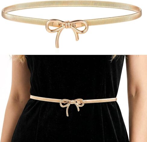 Gold Waist Belt For Women Stretchy Metal Skinny Bow Belts For Dress Adjustable Gold Chain Belt Fashion Waistband With Bow-Knot For Dresses Jeans Formal in Saudi Arabia